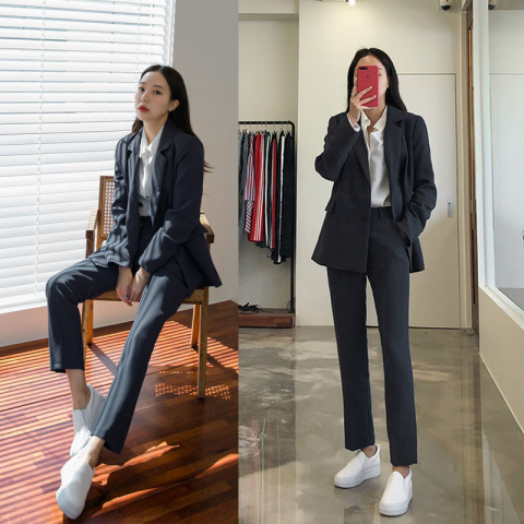 休闲西装套装女2019秋冬新款韩版时尚显瘦职业小西服外套两件套潮