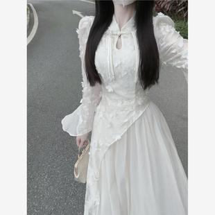 新中式国风重工旗袍长裙夏季气质名媛高级精致感修身不规则连衣裙