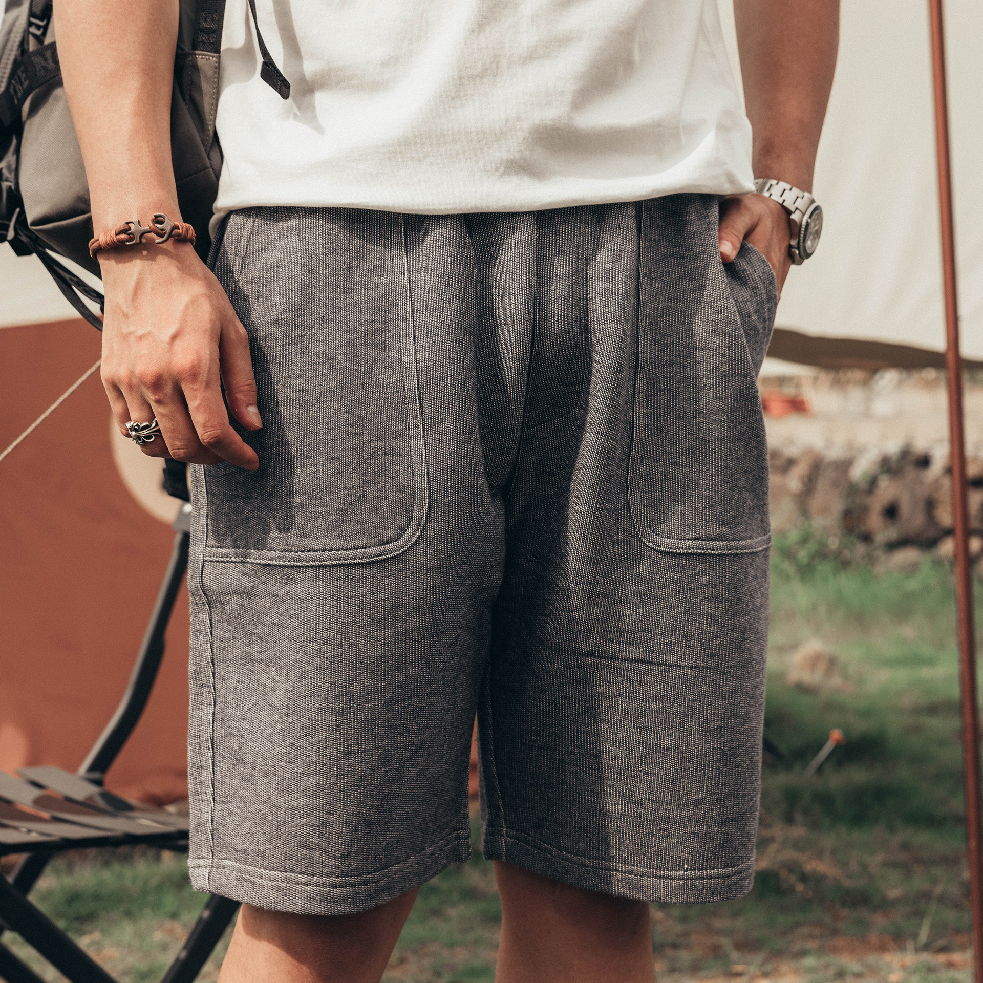 红风 全棉针织短裤 休闲宽松短卫裤男毛圈短裤夏季五分裤运动短裤