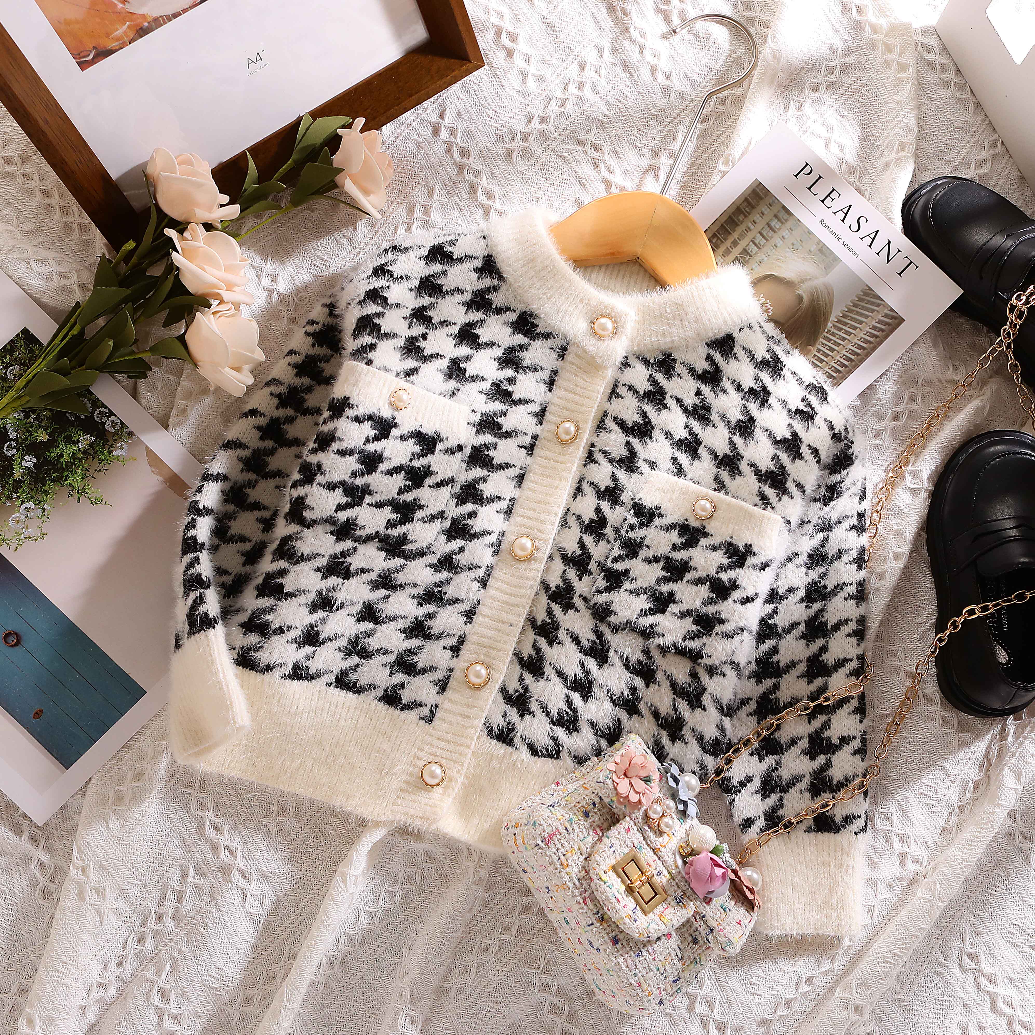 2022春秋新款女童小香风针织开衫千鸟格水貂绒毛衣外套宽松外搭潮