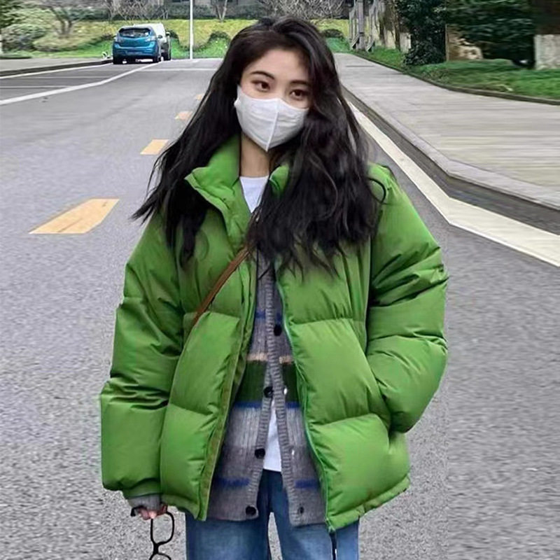 韩版羽绒服女2021年新款冬季小个子加厚面包服短款宽松绿色外套潮