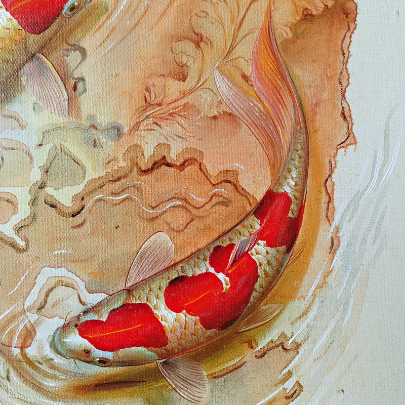 吴文健 《双鱼相随图》画鱼名家 原创油画