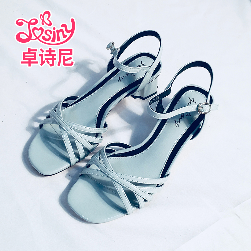 卓诗尼2018夏季新款凉鞋女中跟粗跟露趾甜美一字式扣带