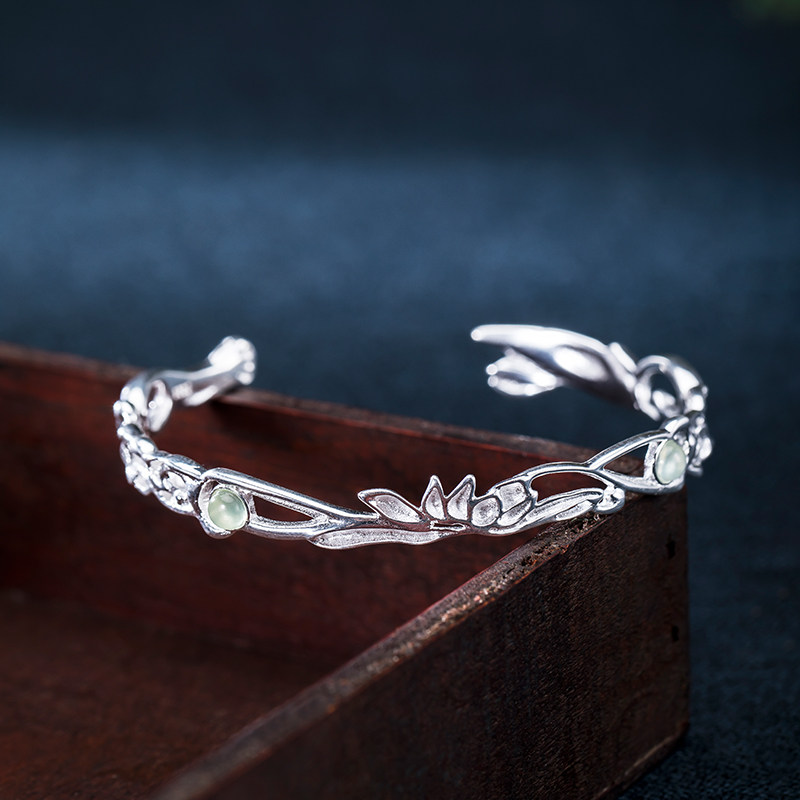s925纯银民族风手镯女古风气质开口莲花禅语云纹镯子复古宫廷手饰