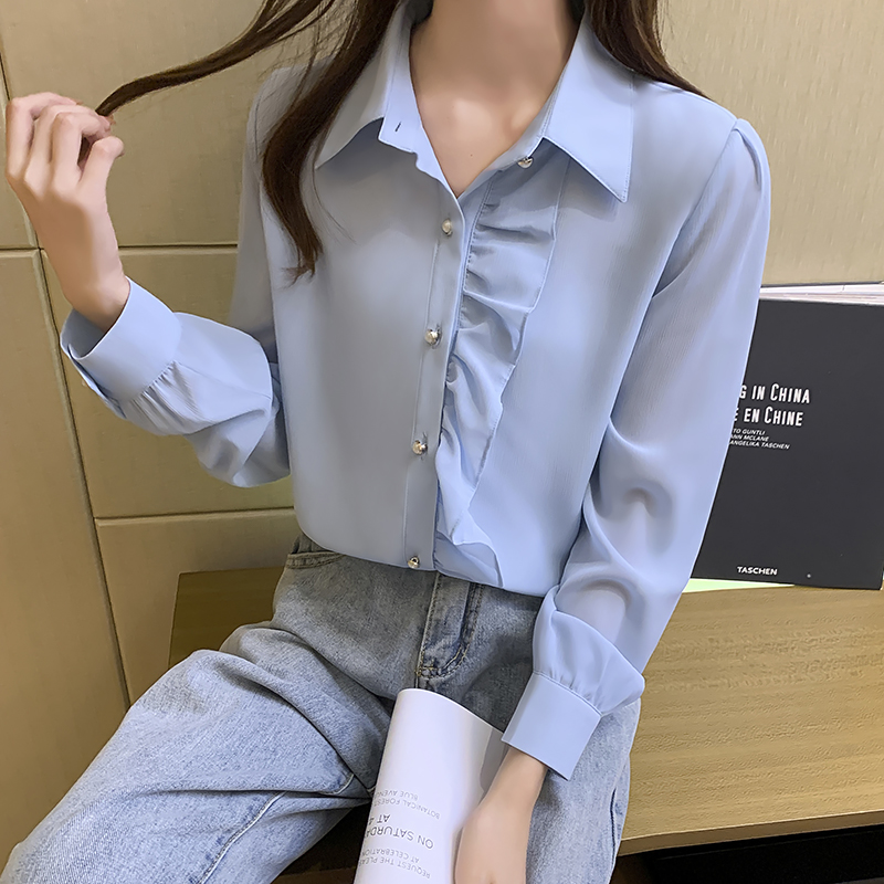 实拍2021春装新款韩版宽松洋气上衣时尚港风蓝色衬衣雪纺衫