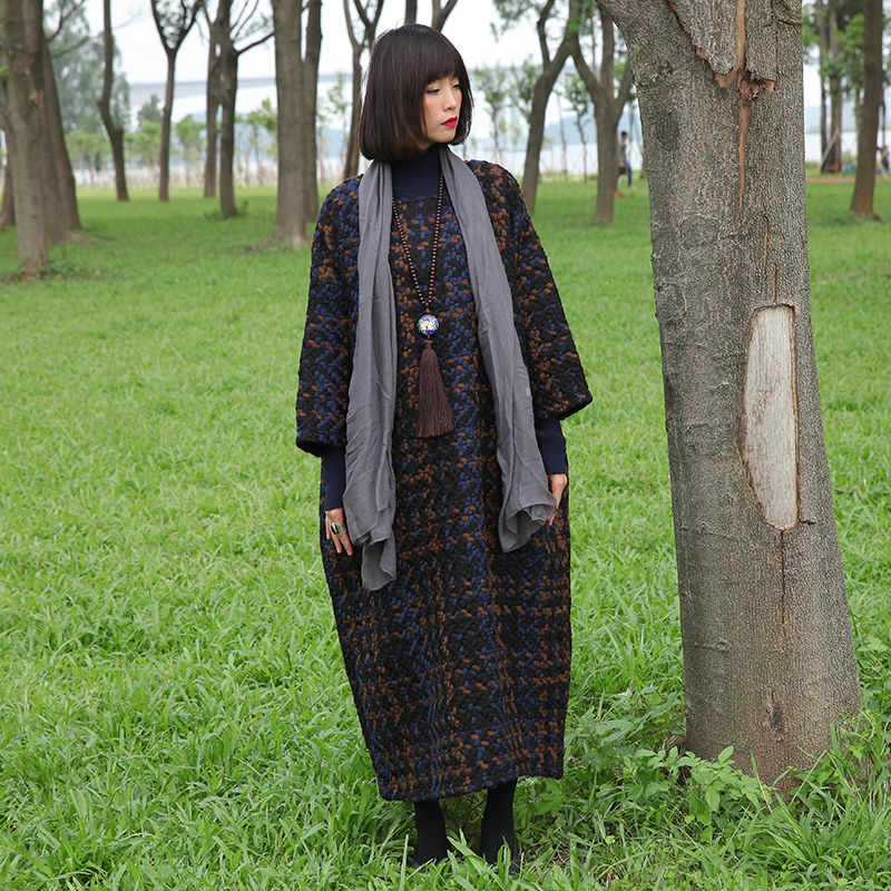 梵兮冬款羊毛呢子复古大袍子宽松长款保暖长袍文艺大码走秀连衣群