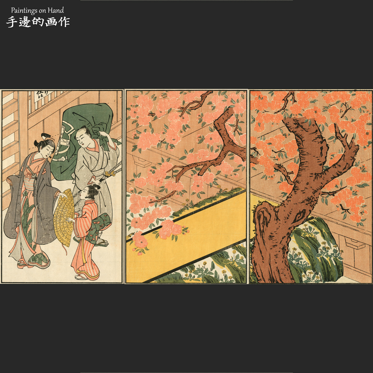日本浮世绘早期原版木刻版画装饰画日式料理挂画三联成套 樱花