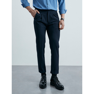 夏季商务绅士 冰丝休闲裤蓝色男士弹力修身暗条纹黑色西裤长裤潮
