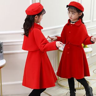 女童毛呢套装连衣裙秋冬2022新款儿童洋气红色裙子时髦呢子两件套