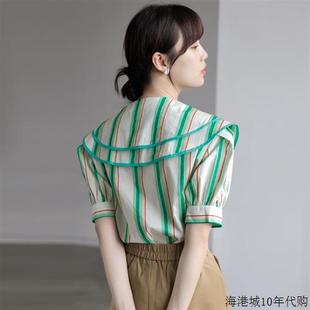 香港TIMO法式小众条纹别致衬衫女设计感减龄双层娃娃领短袖上衣夏