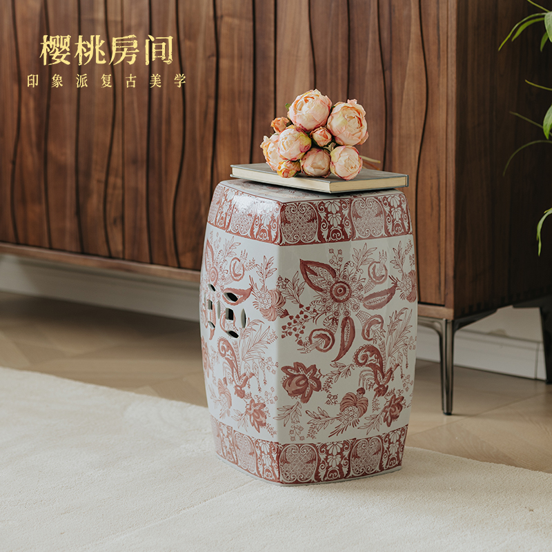 樱桃房间釉里红鼓凳手绘陶瓷法式中国风客厅边几换鞋chinoiserie