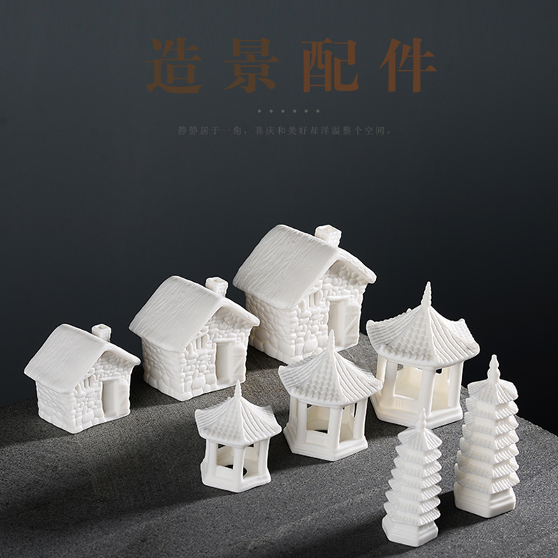白瓷假建筑亭塔小摆件创意微景观造景陶瓷客厅玄关中式装饰品摆设