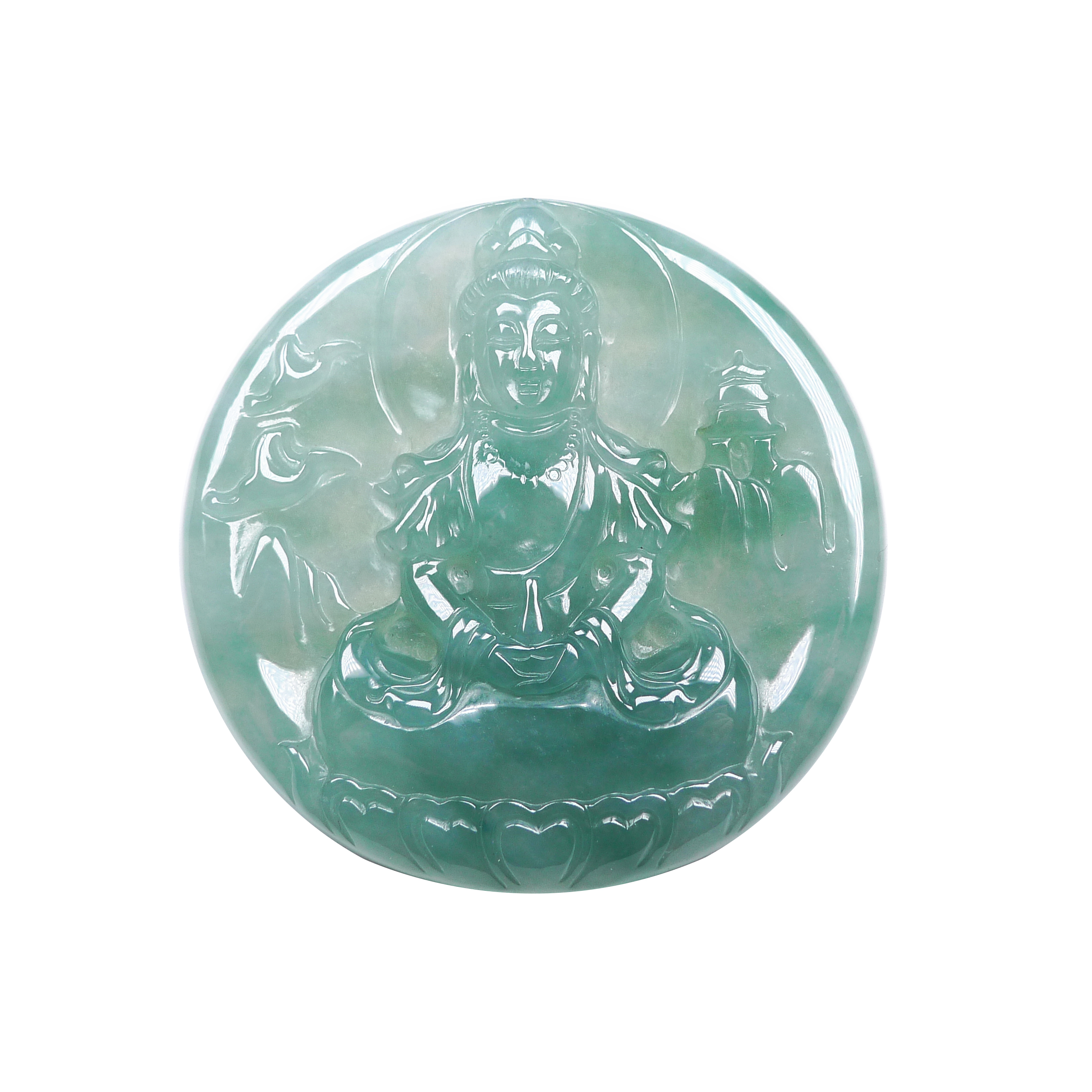 天然翡翠a货-老坑冰种满绿观音圆牌吊坠 35.82克