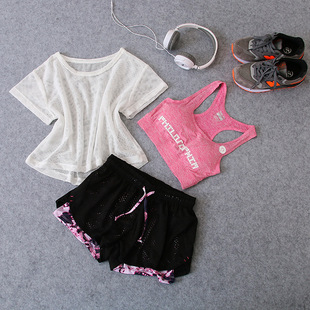 健身服运动套装夏季速干短裤马拉松跑步宽松网纱健身房瑜伽三件套