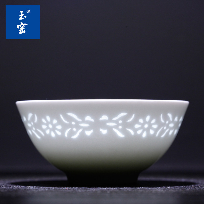 景德镇传统官窑玉窑纯手工玲珑蝶恋花纹小茶碗柴窑主人杯陶瓷茶具