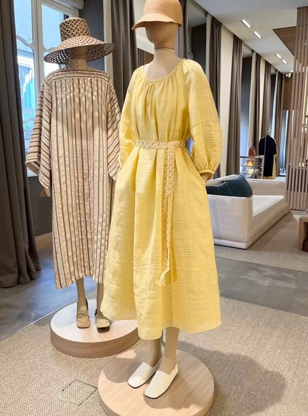 现货 名媛贵妇休闲裙 穿是气质品味 嫩嫩的鹅黄色亚麻腰带连衣裙
