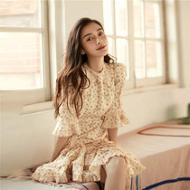 杨颖同款法式小清新碎花群荷叶袖桔梗裙蕾丝拼接连衣裙 G10111