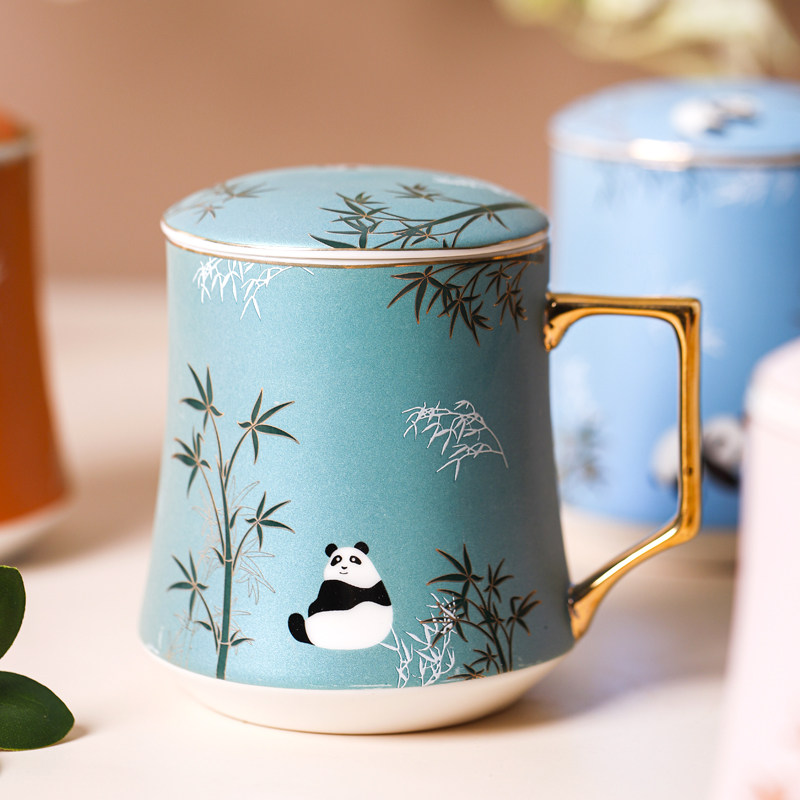 个性国风熊猫陶瓷水杯创意带盖勺咖啡杯潮流家用马克杯早餐牛奶杯