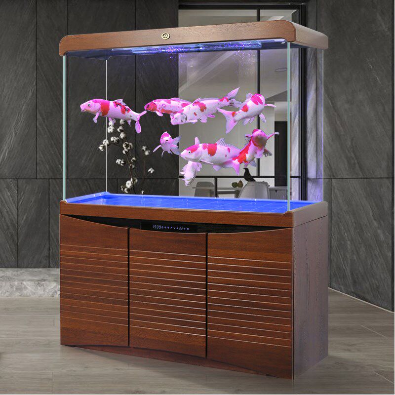 2018新款新款大型新中式木纹鱼缸客厅家用超白玻璃底滤龙鱼缸水族_不