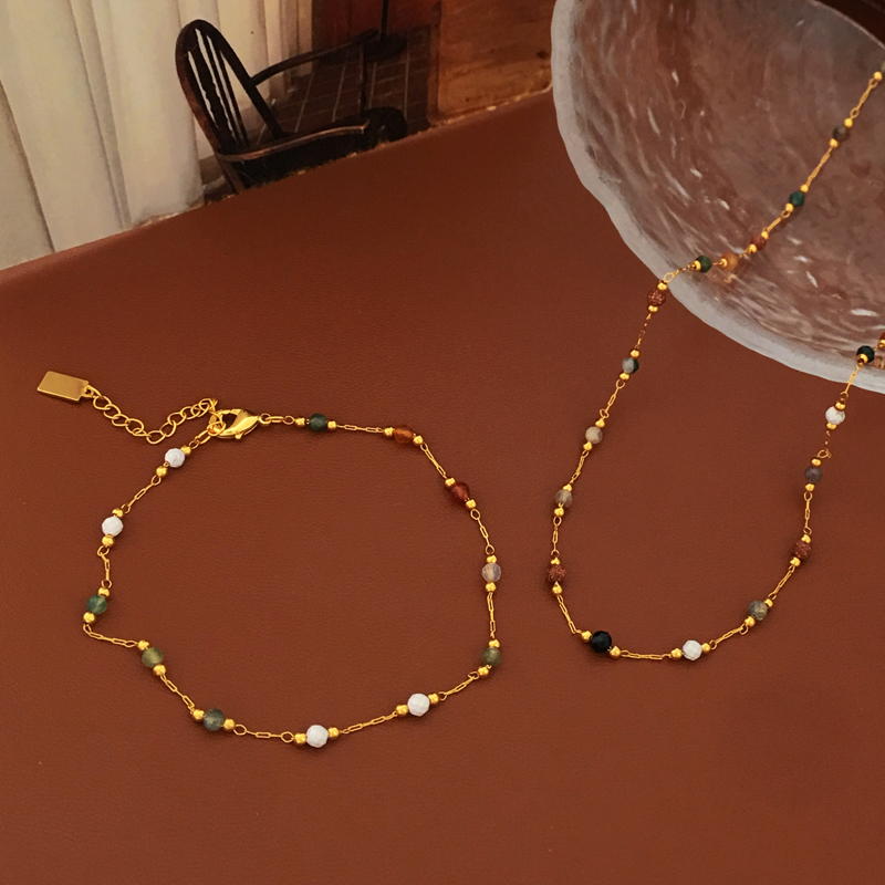 铜镀真金复古彩色串珠小众设计手项链夏日度假风天然石新款锁骨链