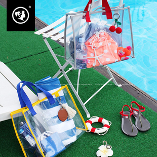 穿古馳泳裝韓國明星 韓國PVC手拎遊泳包便攜衣物收納包時尚透明沙灘包旅行手提袋 古馳泳裝