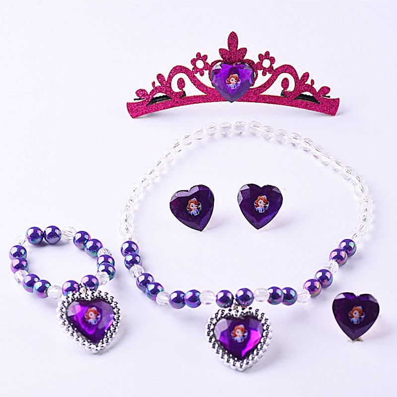 苏菲亚小公主皇冠发夹项链套装闪亮布艺金粉王冠发卡头饰儿童饰品