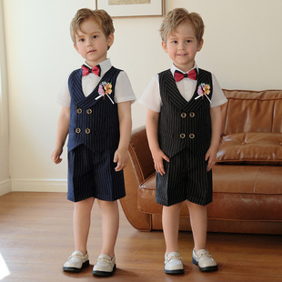 男童西装夏款儿童英伦短袖短裤马甲套装花童演出服周岁孩子礼服