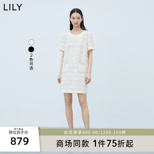 【商场同款】LILY2024夏新款女装别致剪花复古显瘦直筒短款连衣裙