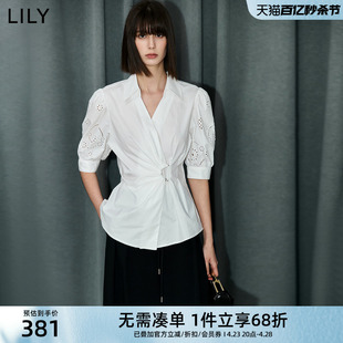 LILY2024夏新款女装设计感不对称腰带浪漫泡泡袖衬衫雪纺衫上衣女