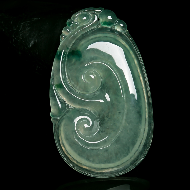 天然a货翡翠老坑种 白冰飘花精雕翡翠如意吊坠13.30g