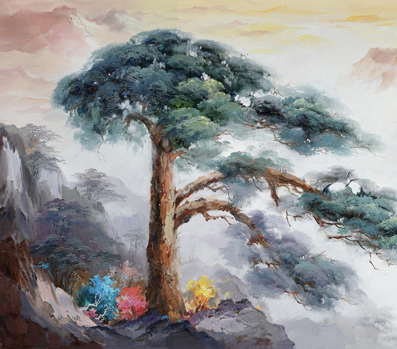 罗龙锦《迎客松之贺寿》大幅油画作品70x180cm - 拍卖