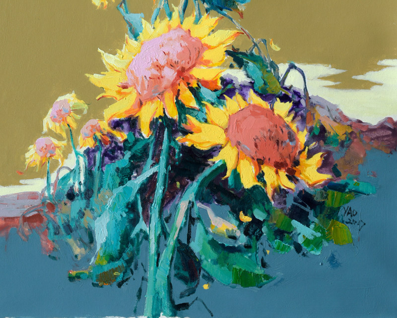 姚国庆《向日葵》 油画作品60x120cm