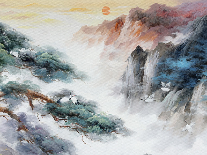 罗龙锦《迎客松之贺寿》大幅油画作品70x180cm