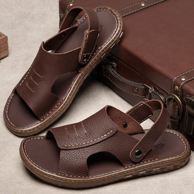 真皮男露趾沙滩鞋休闲牛皮凉鞋