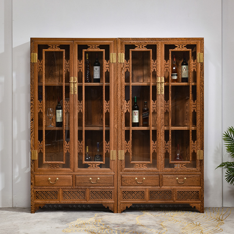 红木家具鸡翅木书柜带门实木酒柜中式仿古置物柜陈列柜储物柜雕花