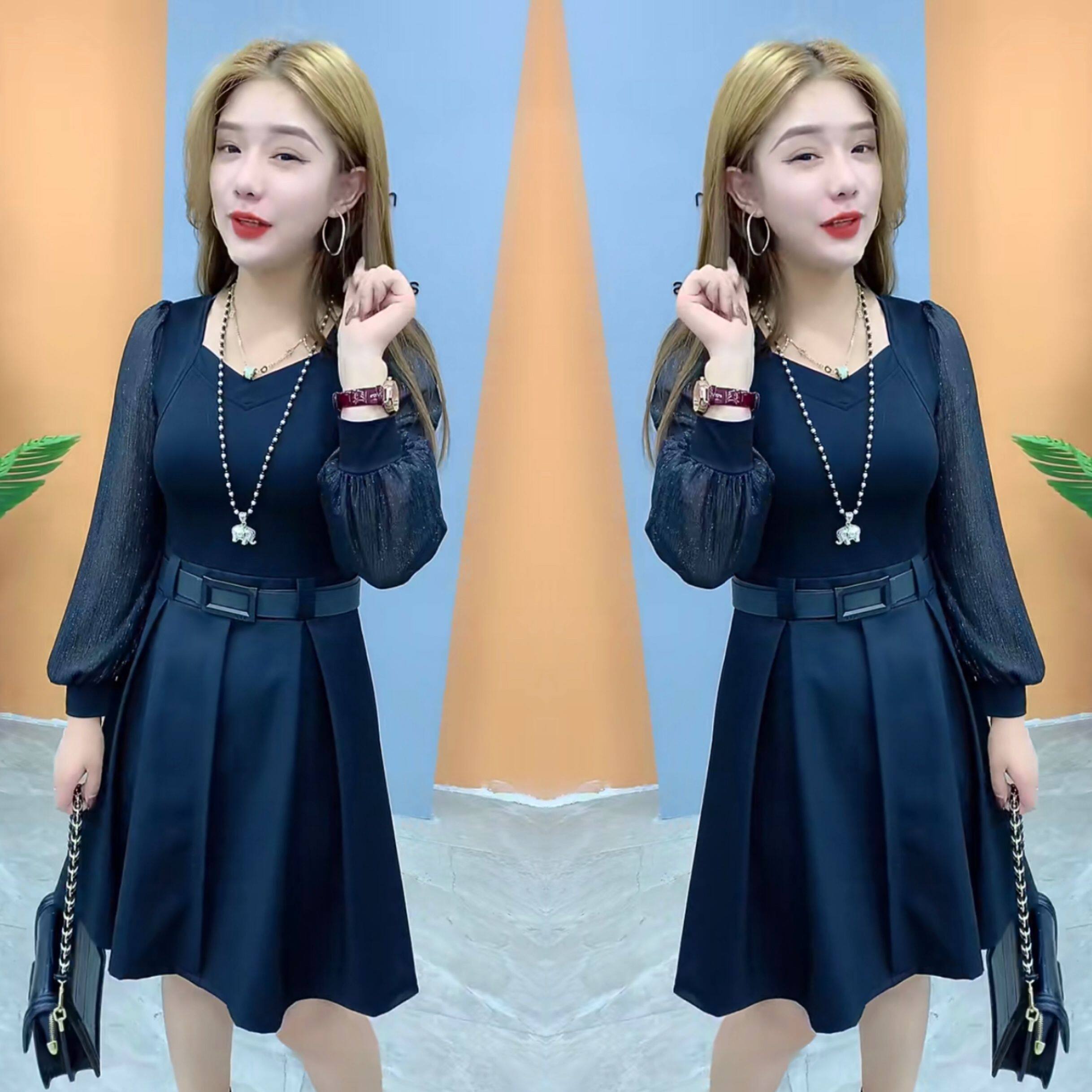 2021秋季新款时尚洋气抖音爆款网红同款洋气百搭灯笼袖拼接连衣裙