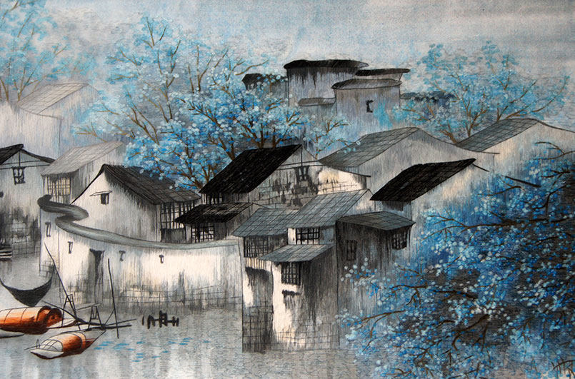 苏绣《江南水乡》单面绣 刺绣