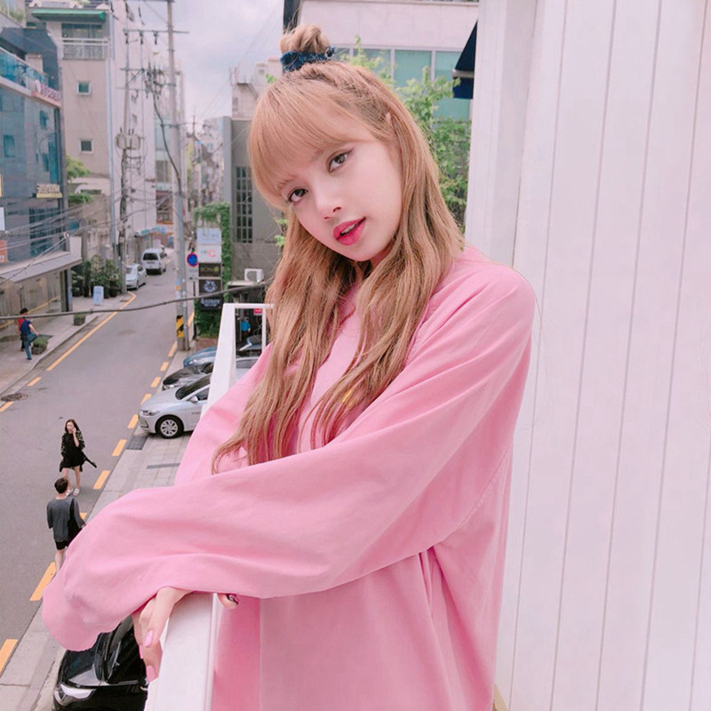 粉色卫衣女长款 显瘦_blackpink lisa同款粉色软妹卫衣女秋薄款中长款