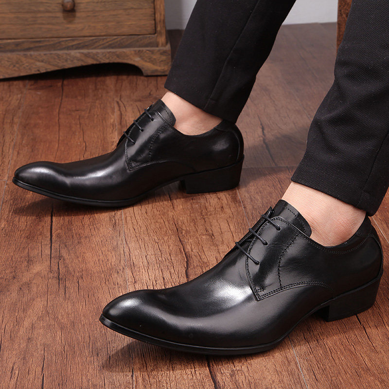 夏季皮鞋男士欧版英伦商务正装尖头翘头真皮坡跟青年系带夜场男鞋