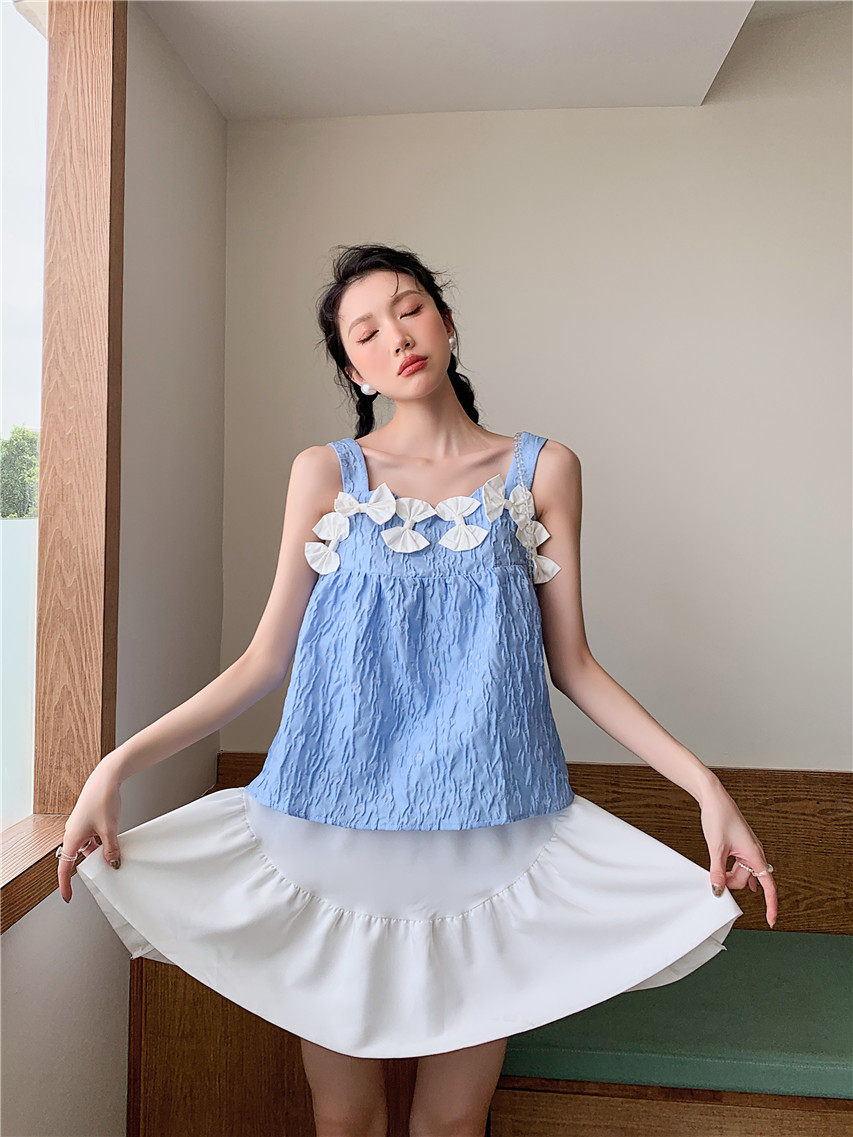 上衣背心女夏季外穿设计感绝美蓝色提花蝴蝶结吊带