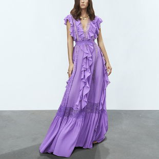 绝美紫色连衣裙夏海边度假长裙设计感小众荷叶边蕾丝仙女裙子新款