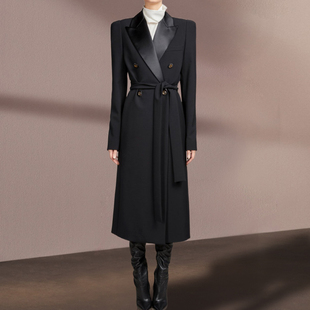高级感西装外套女冬季系带束腰双排扣黑色大衣中长款显高显瘦风衣