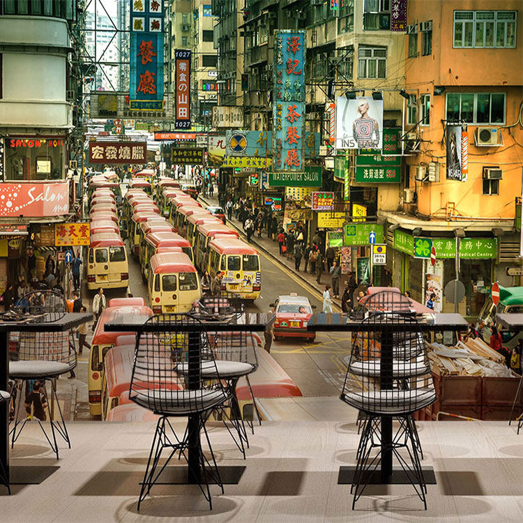 怀旧香港街景城市建筑背景墙壁纸港式小吃店奶茶店茶餐厅装修墙布