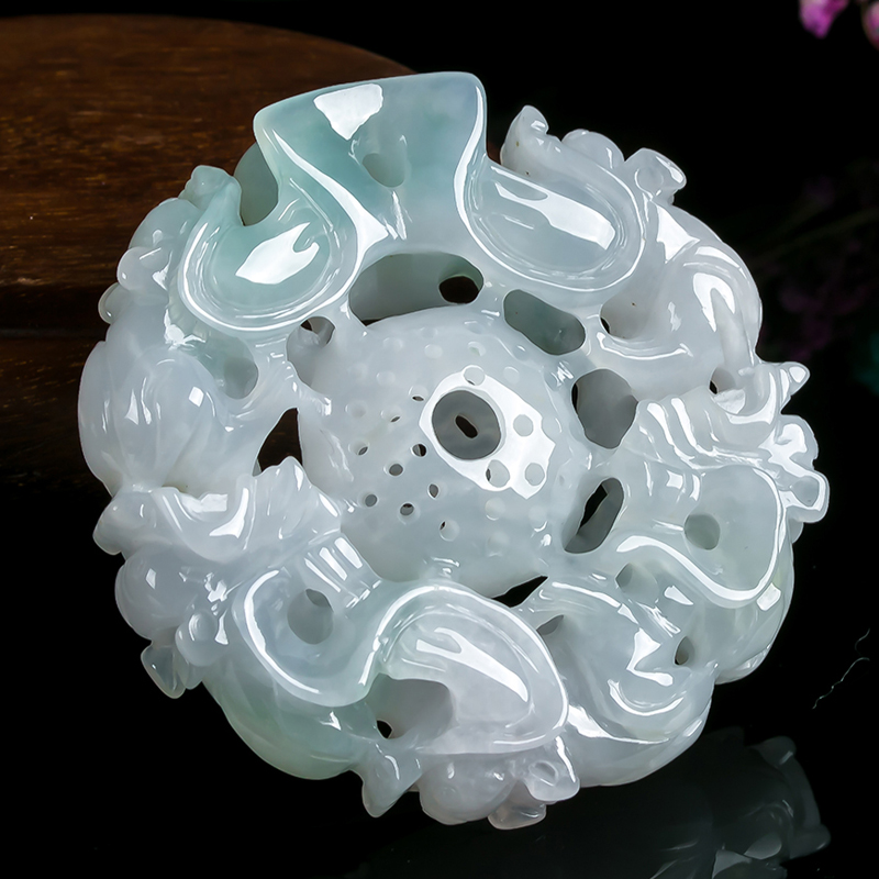 天然翡翠a货老坑冰糯种五福临门吊坠 57.27g