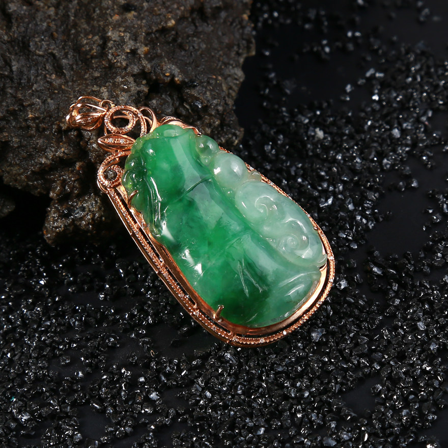 18k金 老坑冰糯种飘花天然翡翠 富贵竹吊坠 9.64克