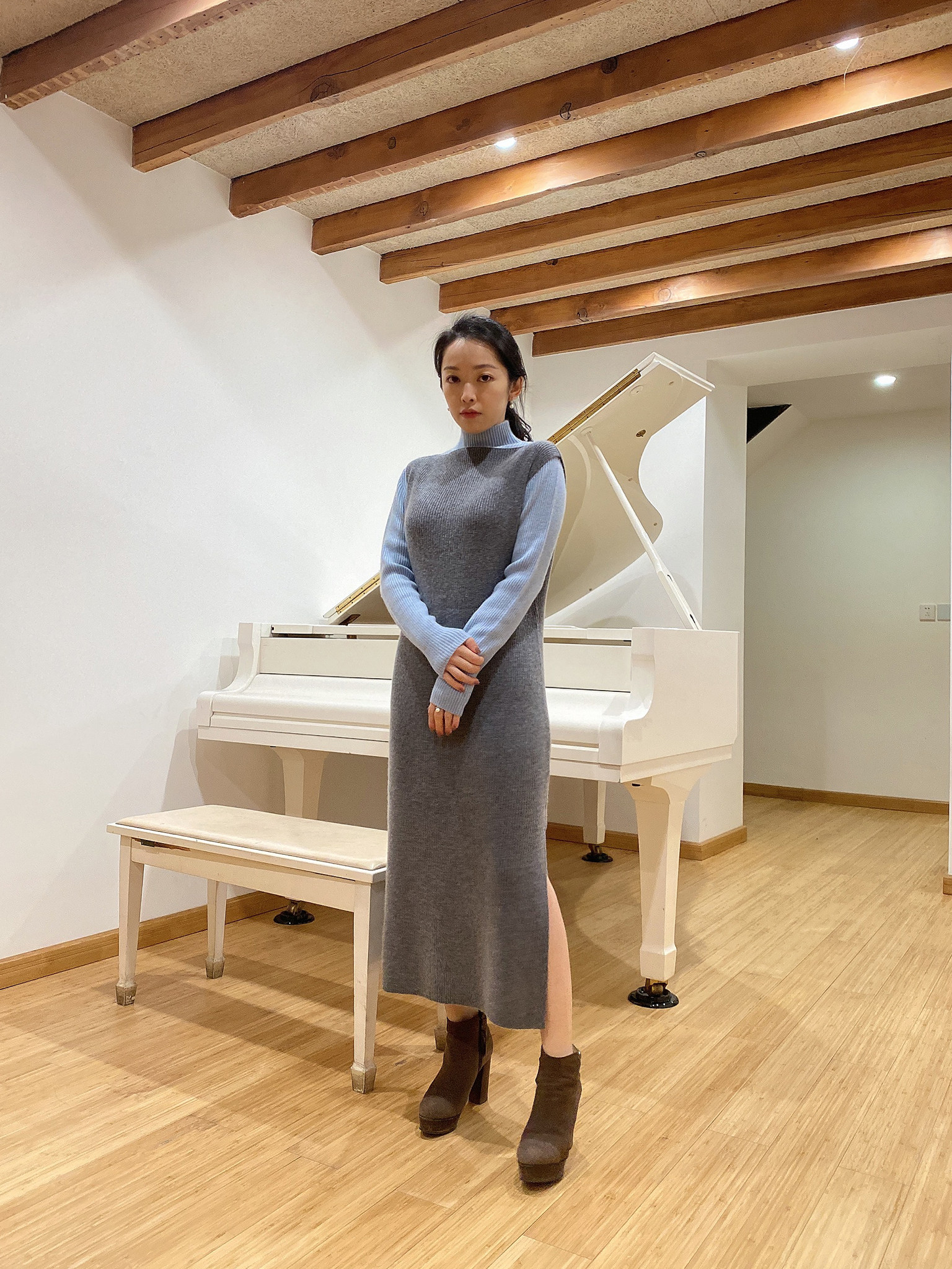 sense神思2020秋冬miyo鲍美瑶同款下摆摆开三色连衣裙