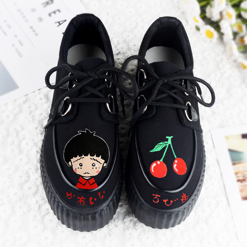 韩国学院风小白鞋_韩国ulzzang樱桃小丸子手绘鞋韩版丑萌鞋女软妹可爱
