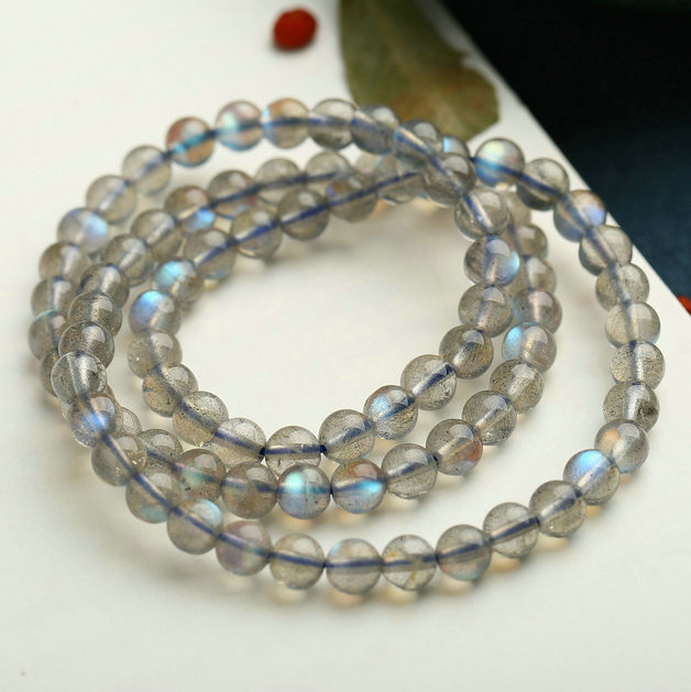 臻品收藏级天然拉长石手链 灰月光石手链佛珠三圈6.5mm 蓝光超强