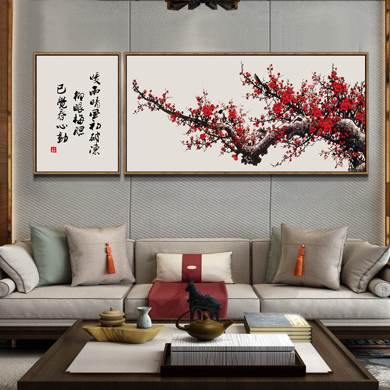 新中式客厅装饰画沙发背景墙挂画山水画中国风梅花壁画背有靠山图