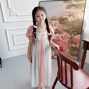 新中式女童改良旗袍连衣裙夏季新款生日女孩泡泡袖高端儿童公主裙